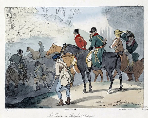 Boar hunting. Illustration of the book 'La vie de chateau'