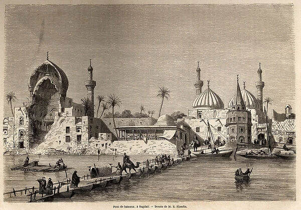 A boat bridge, in Baghdad, drawing by Eugene Flandin (1809-1876)