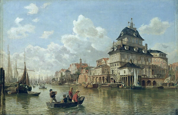 The Boat House at Hamburg Harbour, 1850 (oil on canvas)