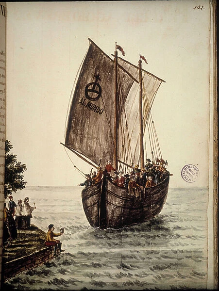 Boat of the pilgrims. Watercolour drawing and ink from the manuscript '