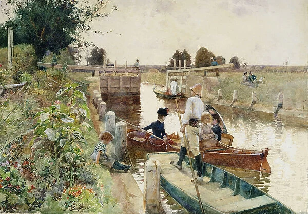 Boaters in a Lock on the Thames, (watercolour heightened with white, laid on board)