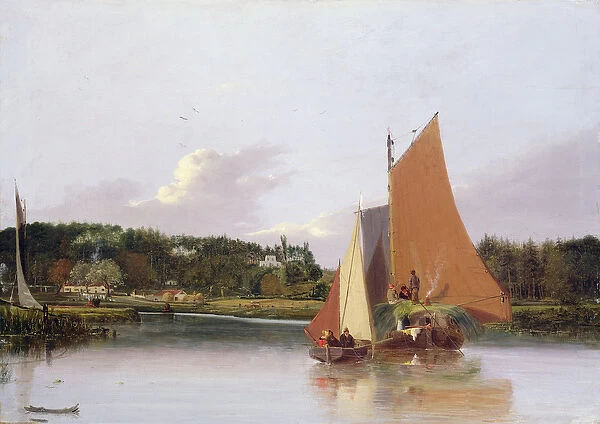 Boats on the Yare near Bramenton, Norfolk, 1828 (oil on panel)