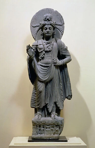 Bodhisattva figure, from Mekha-Sanda near Shabaz-Garhi, Pakistan (schist or shale)