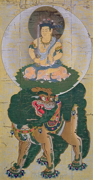 The Bodhisattva Manjushri riding on a lion breathing vapour