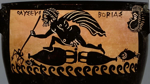 Boeotian black-figure skyphos, decorated with a scene of Odysseus being blown across