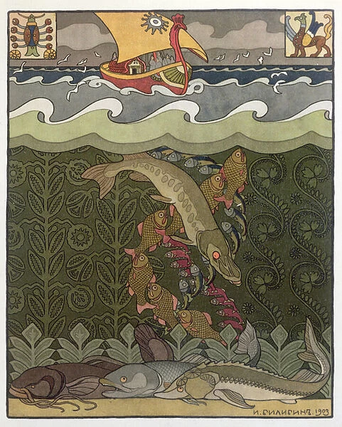 The Bogatyr Volga Transforms himself into a Pike, illustration for the Russian Fairy