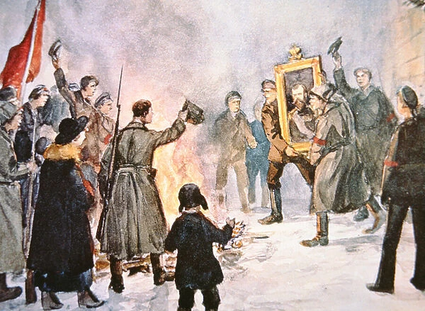 Bolshevik soldiers about to burn a portrait of the Tsar, during the 1917 Russian Revolution (colour litho)