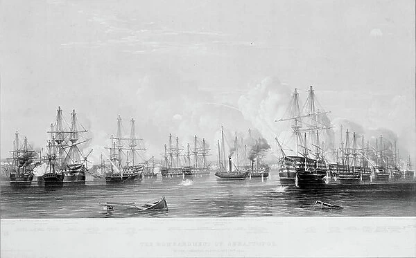 The Bombardment of Sebastopol by the combined fleets, 17th Oct 1854, 1855 (lithograph, tinted)