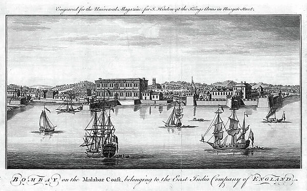 Bombay, East India Company of England's port on the Malabar Coast of India, with Company trading vessels in the foreground and quayside warehouses and buildings behind. Copperplate engraving, London, 1755