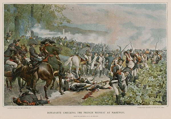 Bonaparte checking the French retreat at Marengo (colour litho)