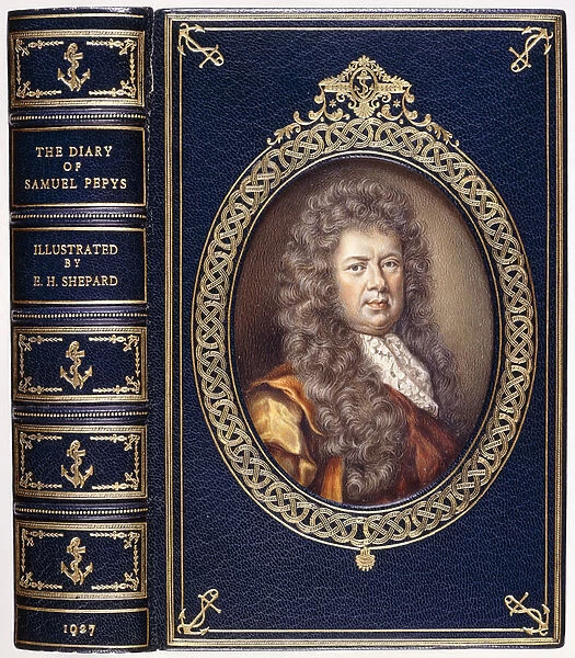 Book cover for The Diary of Samuel Pepys, with an oval portrait of Samuel Pepys