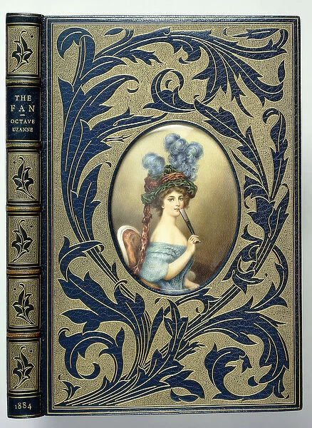 Book cover for The Fan by Octave Uzanne, with an oval portrait of a woman with