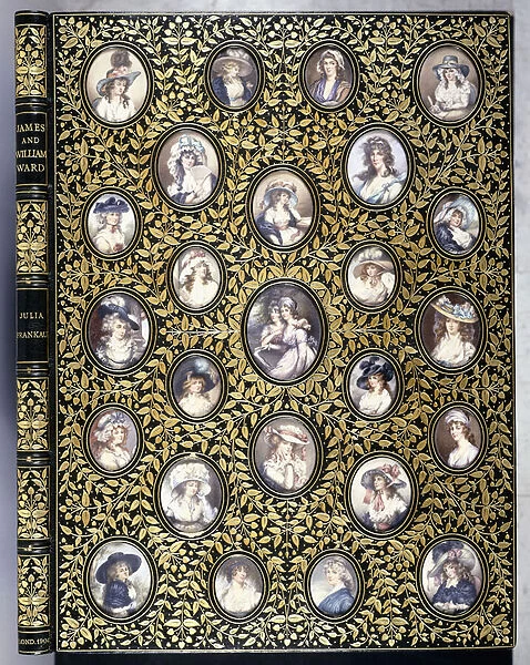 A book cover with twenty-five portrait miniatures of beautiful women