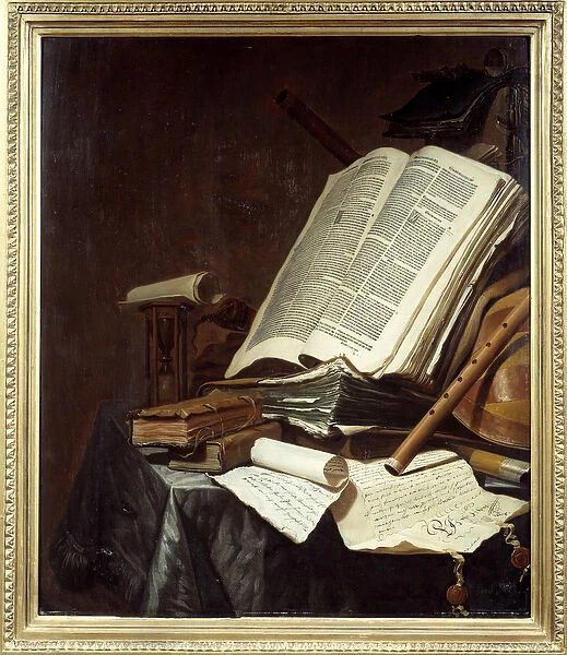 Books and Musical Instruments Painting by Jan Vermeulen (1638-1674) 17th century Sun