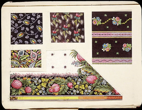 Border and textile design, Raspberries, Flowers and Pomegranates. French, Early 19th century