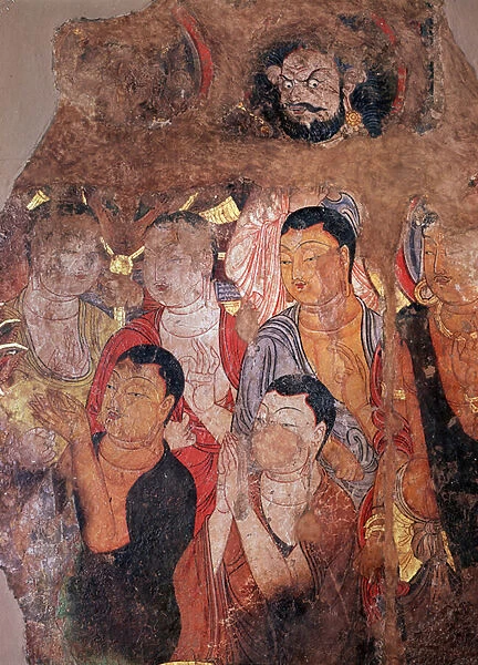 Bouddhisme : 'Groupe de moines et de Bodhisattvas'(ou bodhisatta) (Bodhisattvas and monks) Fragment de fresque du 8eme siecle provenant du monastere chinois de Shiksha. Dim
