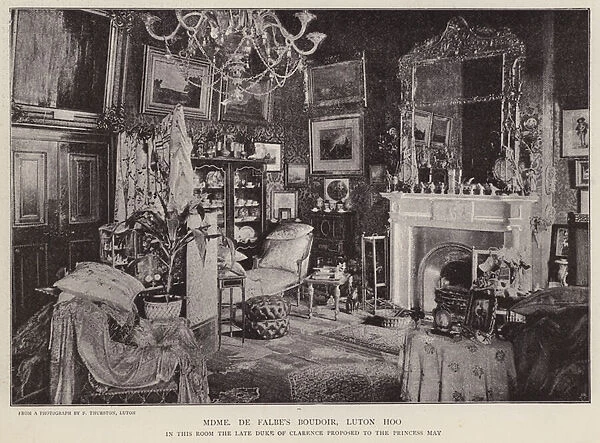 Boudoir of Eleanor de Falbe, Luton Hoo, Bedfordshire, where the Duke of Clarence proposed to Mary of Teck in 1891 (b  /  w photo)