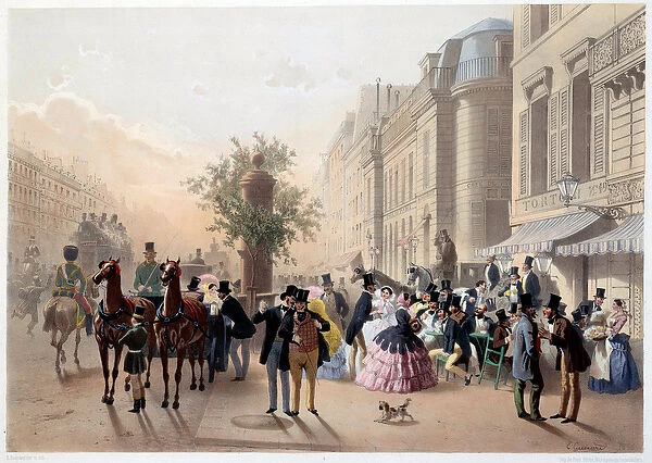 Boulevard des Italians, Cafe Tortoni in Paris in the 19th century Engraving by Eugene