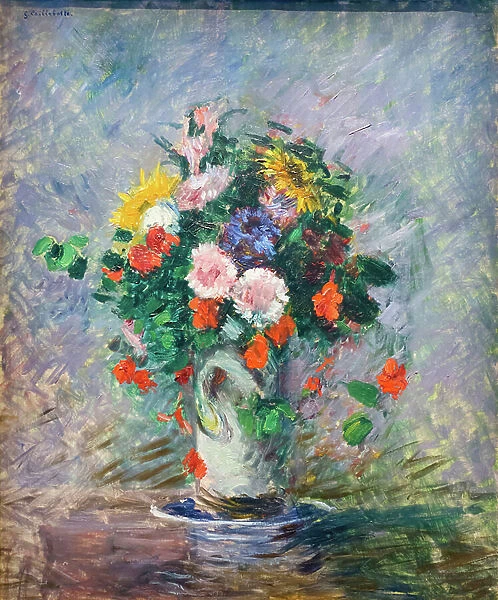 Bouquet of chinese asters, nasturtiums and sunflowers in a vase, c. 1887 (oil on canvas)
