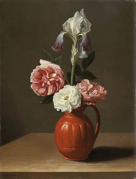 'Bouquet d iris et trois roses dans un pot de faience'