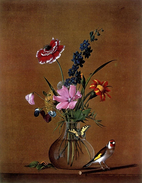 Bouquet of flowers with a butterfly, 1820, watercolour by Count Fyodor Tolstoy (1783 - 1873). Russian artist who served as Vice-President of the Imperial Academy of Arts for forty years (1828-1868)