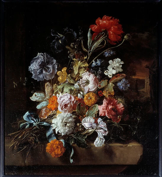 Bouquet of flowers deposited on a stone bench Painting by Jan Weenix (1640-1719) 1694 Sun