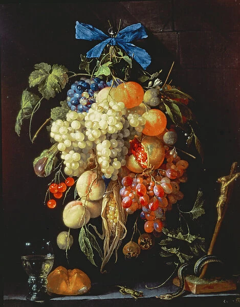Bouquet of Fruit with Eucharistic Symbols on a Ledge Below