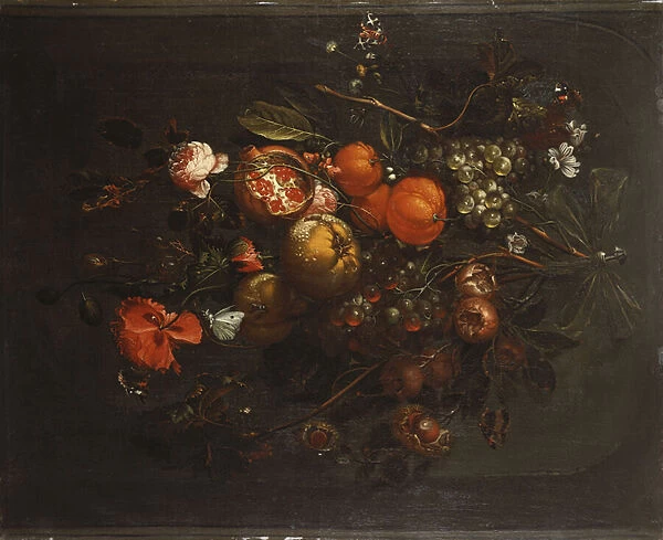 A Bouquet of Fruit and Flowers hanging from a Nail in a Niche (oil on canvas)