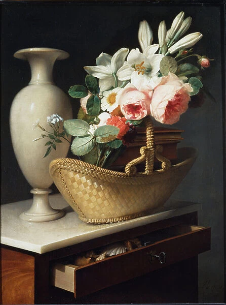 Bouquet of lilies and roses in a basket placed on a rag - oil on canvas, 1814