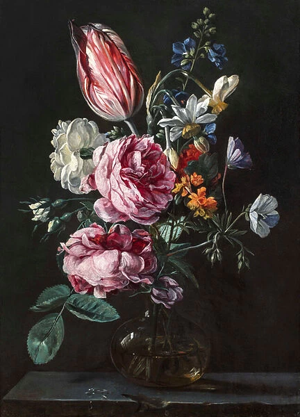 A Bouquet of Narcissus, Parrot Tulip, Roses and Other Flowers in a Glass Vase on a Stone