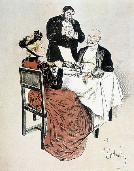 Bourgeois couple at the restaurant - drawing by Gerbault, deb. 20th century