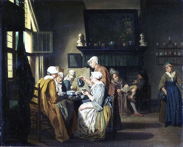 Bourgeois interior with ladies drinking tea, a man reading by the fireplace