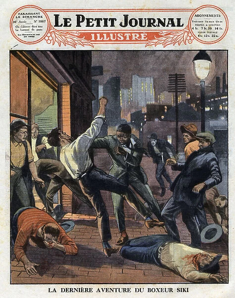 Boxer Battling Siki has a fight out of a bar in an unfame neighborhood of New York. Illustration from 'Le petit journal'from 09  /  08  /  1925 Collection privee
