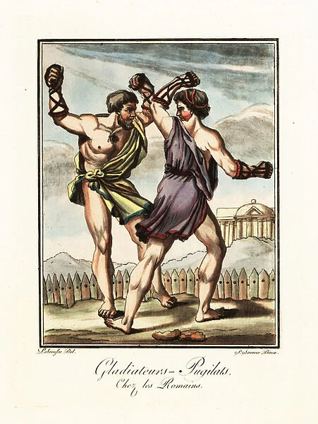 Boxers fighting in a ring, ancient Rome. 1796 (engraving)