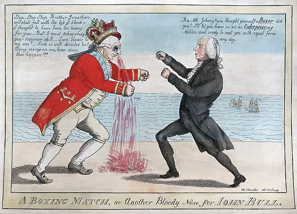 A Boxing Match or Another Bloody Nose for John Bull, pub. 1813 (hand coloured engraving)