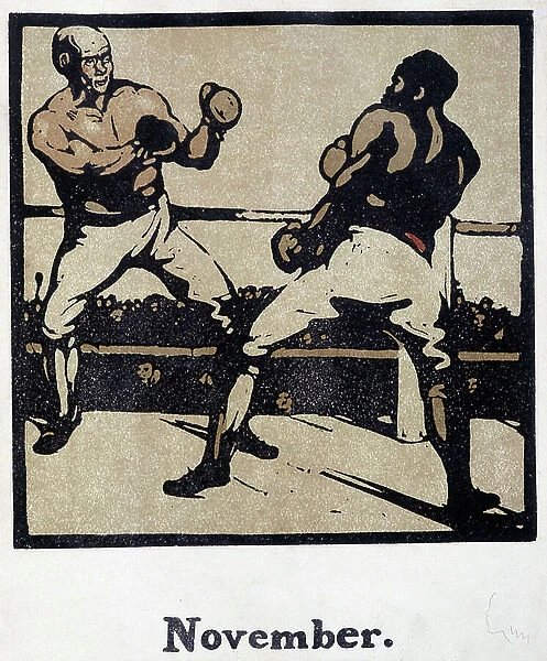 Boxing Scene - Engraving by William Nicholson (1872-1949) for calendars: November 1898