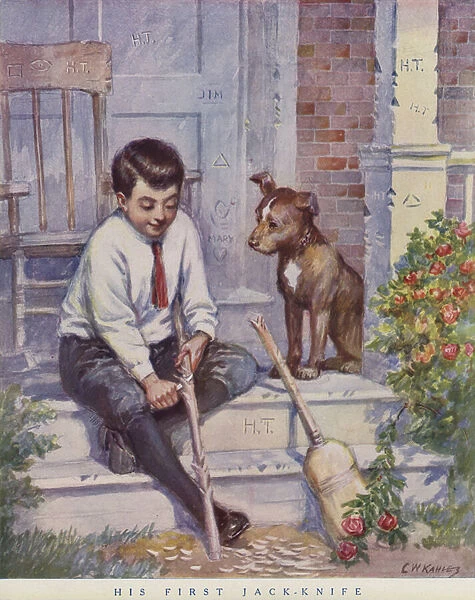 Boy carving a stick with his knife while his pet dog looks on (colour litho)