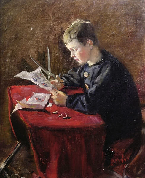 Boy cutting Christmas decorations, 1894 (oil on canvas)