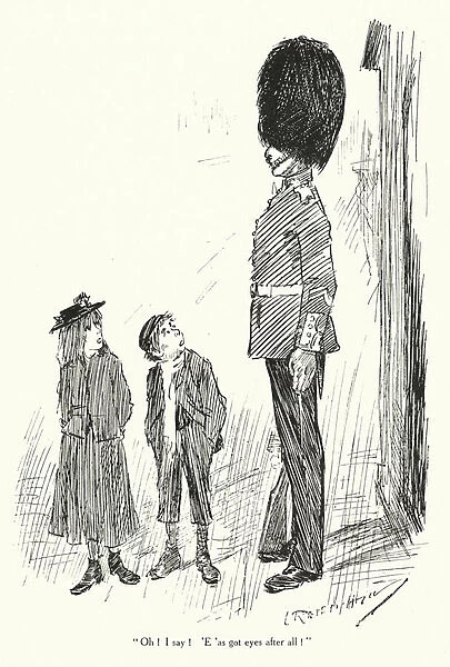 Boy and girl looking up at a guardsman (litho)