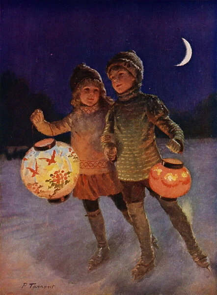 Boy and girl skating with fairy lanterns at night (colour litho)