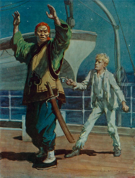 Boy holding a Chinese pirate at gunpoint, scene from Hai Ping the Pirate (colour litho)