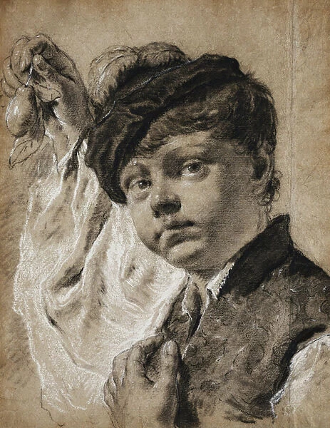 A Boy Holding a Lemon, (black and white chalk on light blue paper)