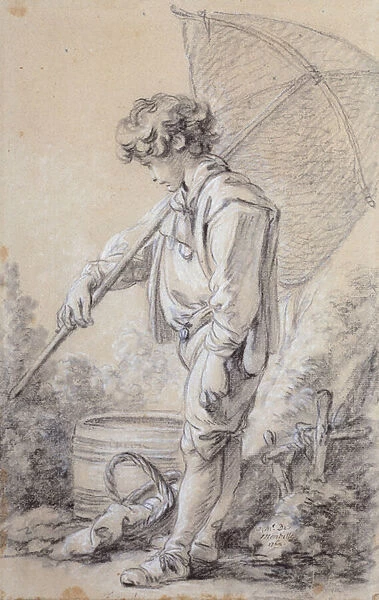 A Boy Holding a Net, 1762 (black and white chalk on blue discolored paper)