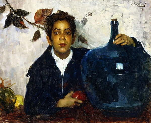 Boy with a Large Bottle (oil on canvas)