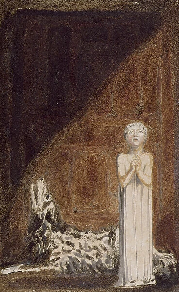 A boy in a long dress, standing with clasped hands next to a dog, plate