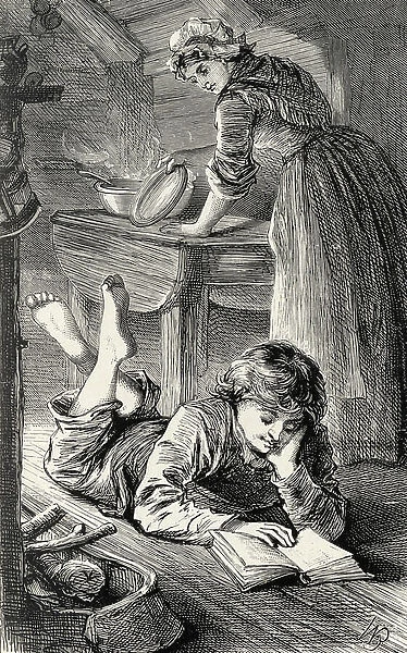 Boy lying on the floor reading, 1905 (lithograph)