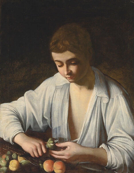 A boy peeling fruit (oil on canvas)