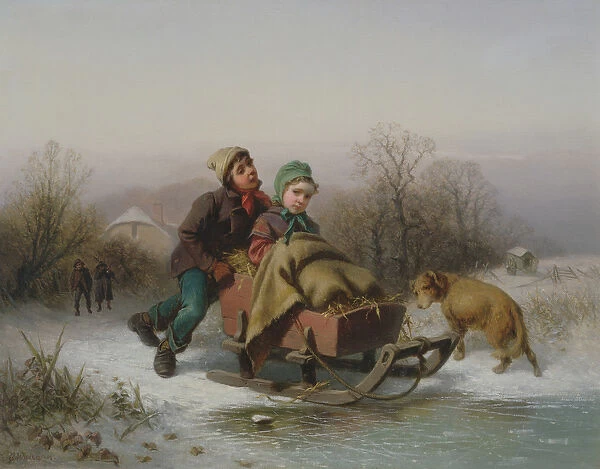 A Boy Pushing a Young Girl in a Sledge (oil on canvas)