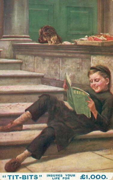 Boy reading Tit-Bits magazine (colour litho)