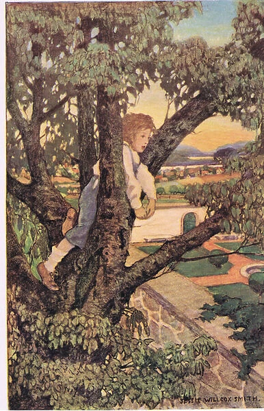 A boy in a tree, from A Childs Garden of Verses by Robert Louis Stevenson, published 1885 (colour litho)